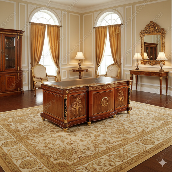French Empire Marquetry Inlay Executive Office Desk (72W x 34D)