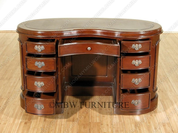 Mahogany Kidney Peanut Shaped Executive Office Desk w/ 9 Drawers & Brown Leather Top