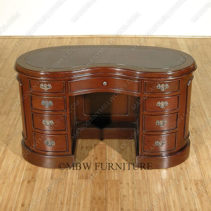 Mahogany Kidney Peanut Shaped Executive Office Desk w/ 9 Drawers & Brown Leather Top