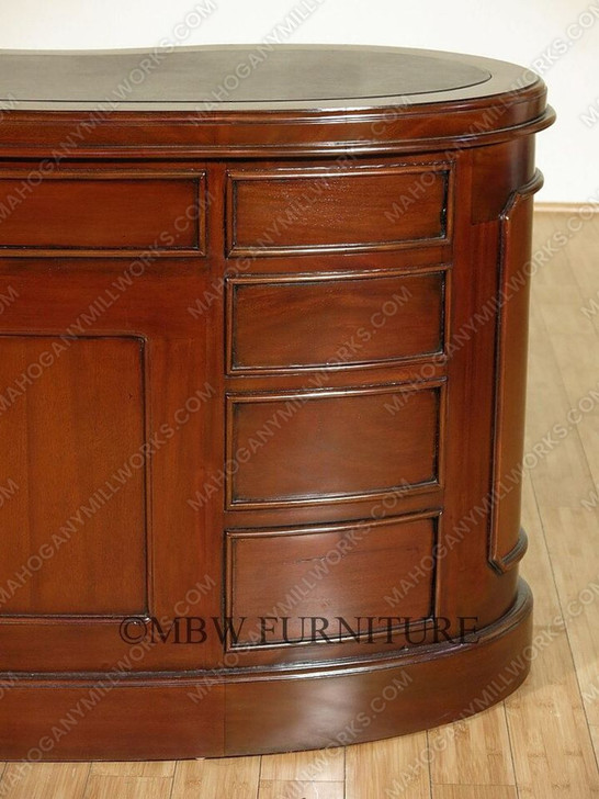 Mahogany Kidney Peanut Shaped Executive Office Desk w/ 9 Drawers & Brown Leather Top