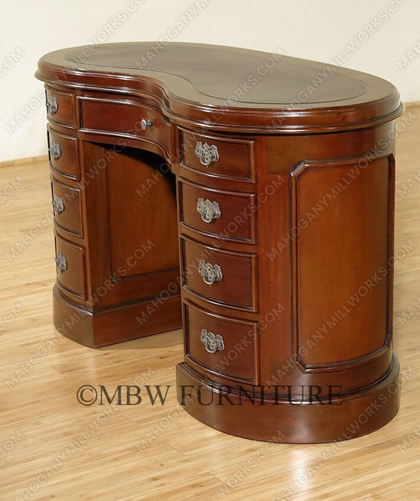Mahogany Kidney Peanut Shaped Executive Office Desk w/ 9 Drawers & Brown Leather Top