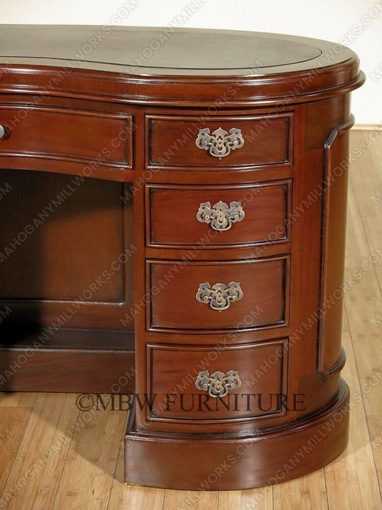 Mahogany Kidney Peanut Shaped Executive Office Desk w/ 9 Drawers & Brown Leather Top