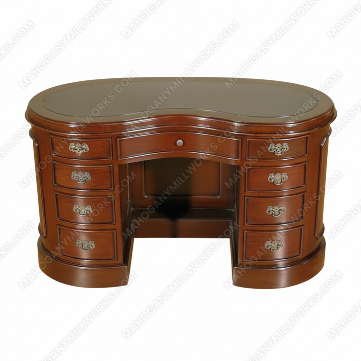 Mahogany Kidney Peanut Shaped Executive Office Desk w/ 9 Drawers & Brown Leather Top