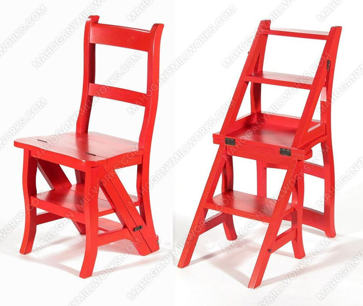 Solid Mahogany Crackle Red Convertible Ladder Chair Library Step Stool