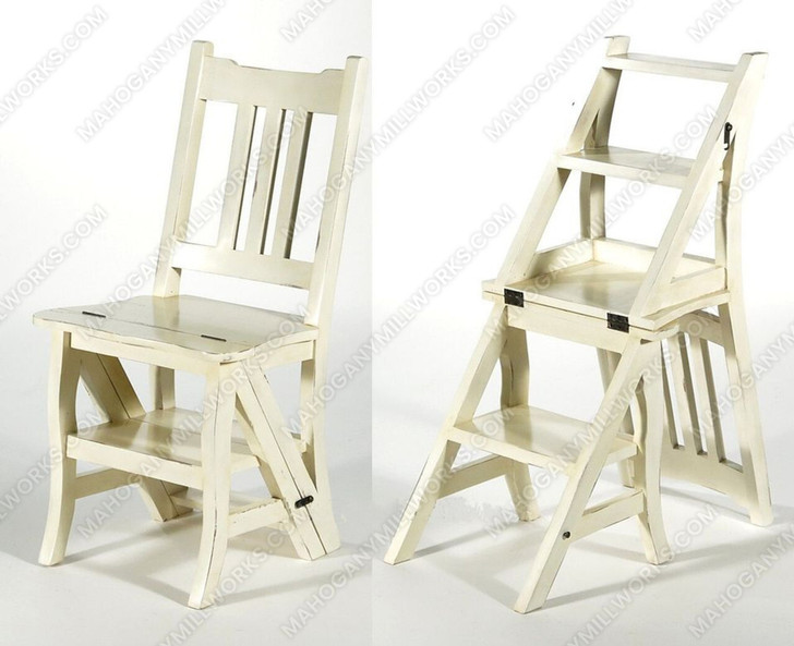 Solid Mahogany Distressed Cream Convertible Ladder Chair Library Step Stool