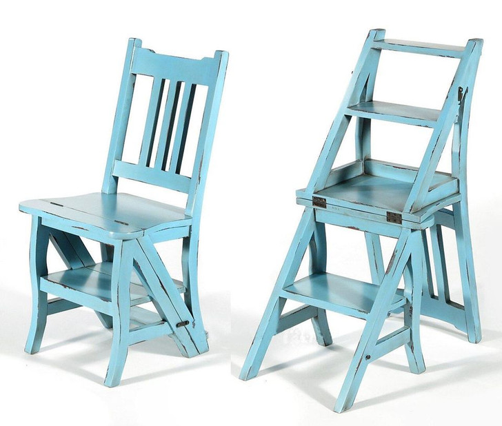 Solid Mahogany Distressed Light Blue Ladder Chair Library Step Stool