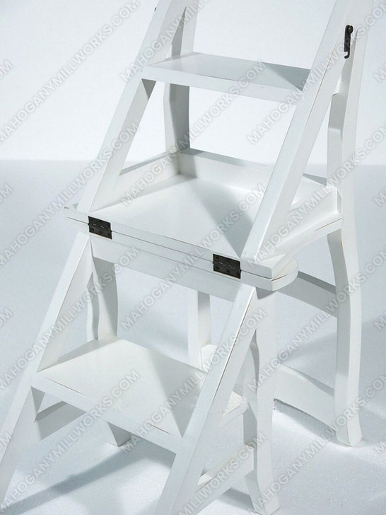 Solid Distressed White Convertible Ladder Chair Library Step Stool