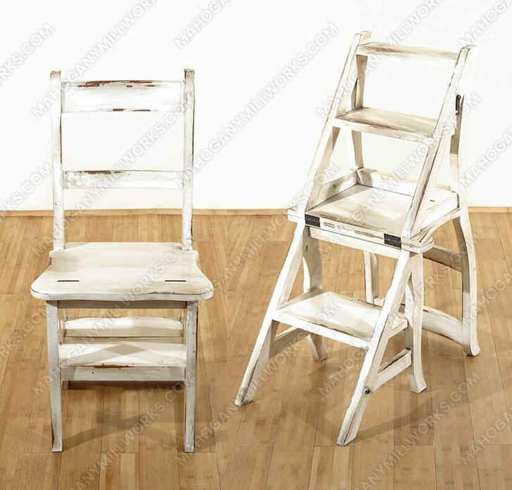 Solid Mahogany Rustic Distressed White Ladder Chair Library Step Stool