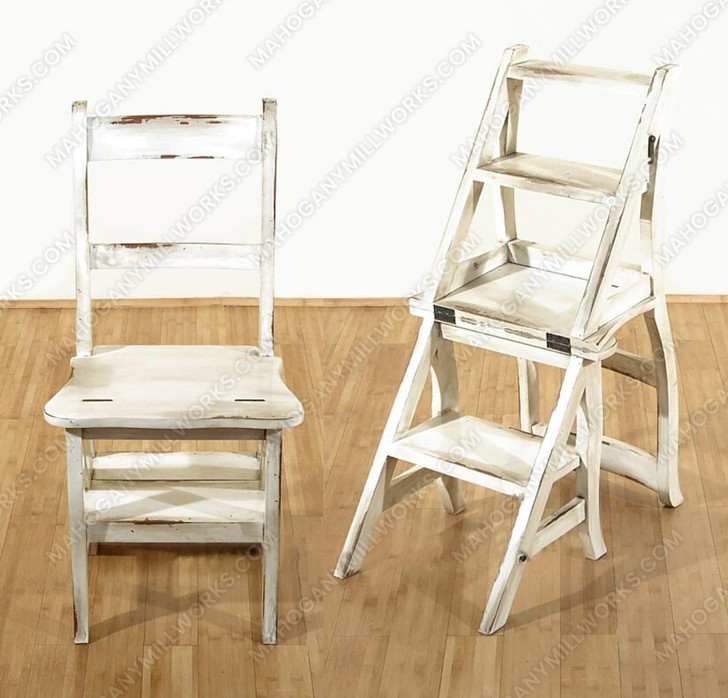Solid Mahogany Rustic Distressed White Ladder Chair Library Step Stool