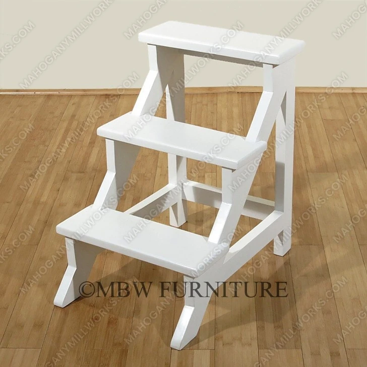 Solid Mahogany White Finish 3-Step Library Step Stool