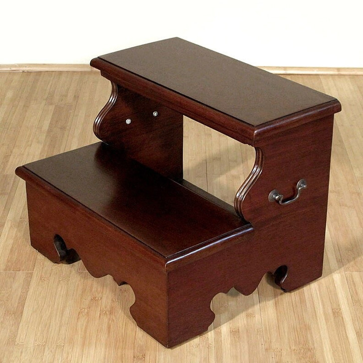 Solid Mahogany 2 Step Victorian Library Step Stool w/ Antiqued Brass