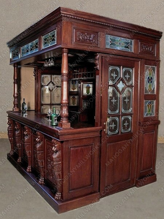 8.5ft Traditional Mahogany Canopy Pub Bar w/ Leaded Stained Glass Doors