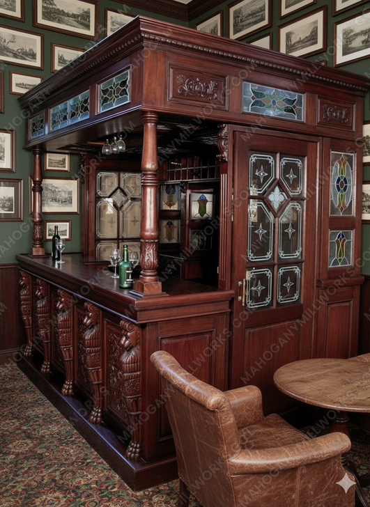8.5ft Traditional Mahogany Canopy Pub Bar w/ Leaded Stained Glass Doors