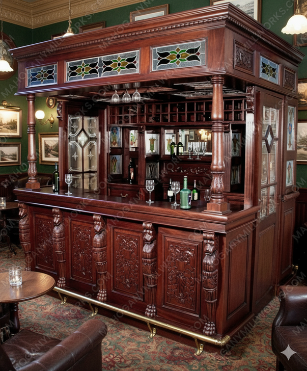 8.5ft Traditional Mahogany Canopy Pub Bar w/ Leaded Stained Glass Doors