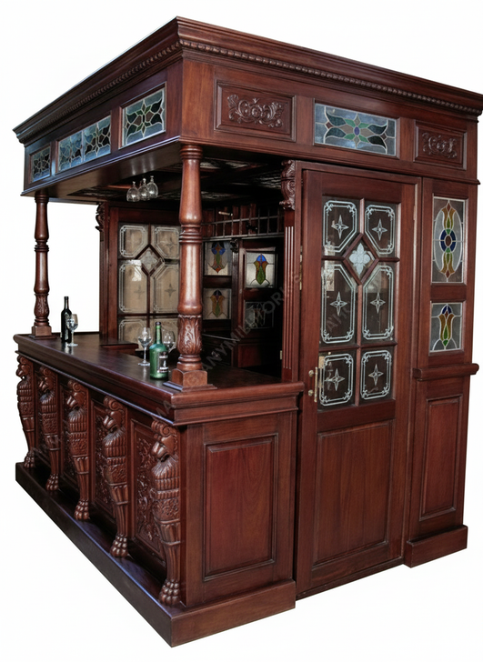 8.5ft Traditional Mahogany Canopy Pub Bar w/ Leaded Stained Glass Doors