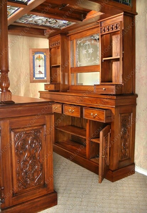 Walnut Distressed Canopy Pub Bar w/ Stained Glass