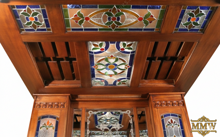 Walnut Distressed Canopy Pub Bar w/ Stained Glass