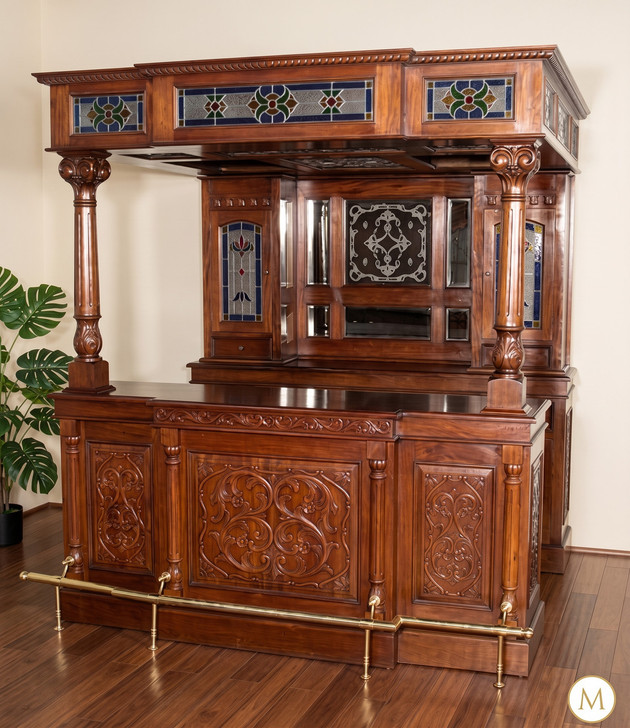 7ft Mahogany Canopy Pub Bar w/ Stained Glass