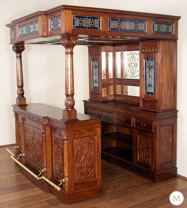 7ft Mahogany Canopy Pub Bar w/ Stained Glass