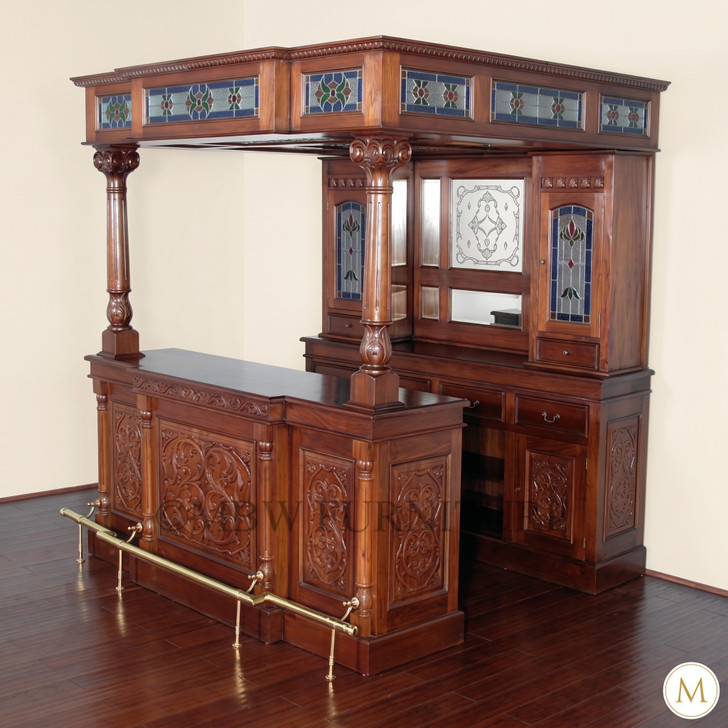 7ft Mahogany Canopy Pub Bar w/ Stained Glass