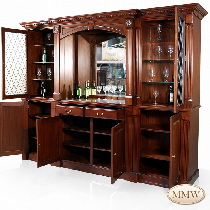 10ft mahogany bar cabinet with glass doors