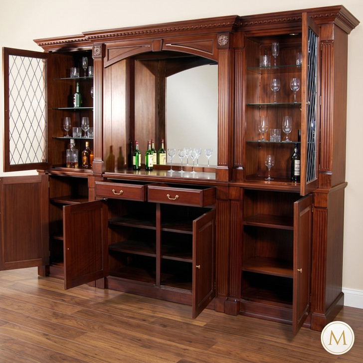 10ft mahogany bar cabinet with glass doors