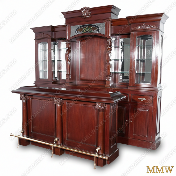 10ft Mahogany English Pub Bar w/ Stained Glass