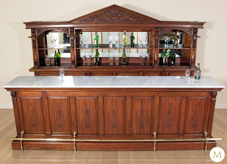 11.5ft Traditional Old‑World Mahogany Home Bar with Marble Top & Carved Back Bar