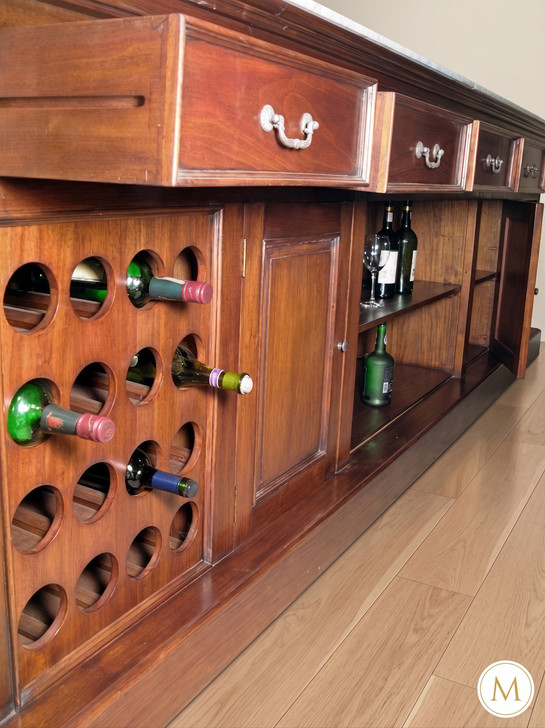 11.5ft Traditional Old‑World Mahogany Home Bar with Marble Top & Carved Back Bar