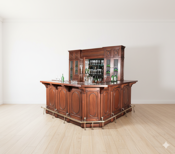 11ft Mahogany Corner Pub Bar w/ Stained Glass