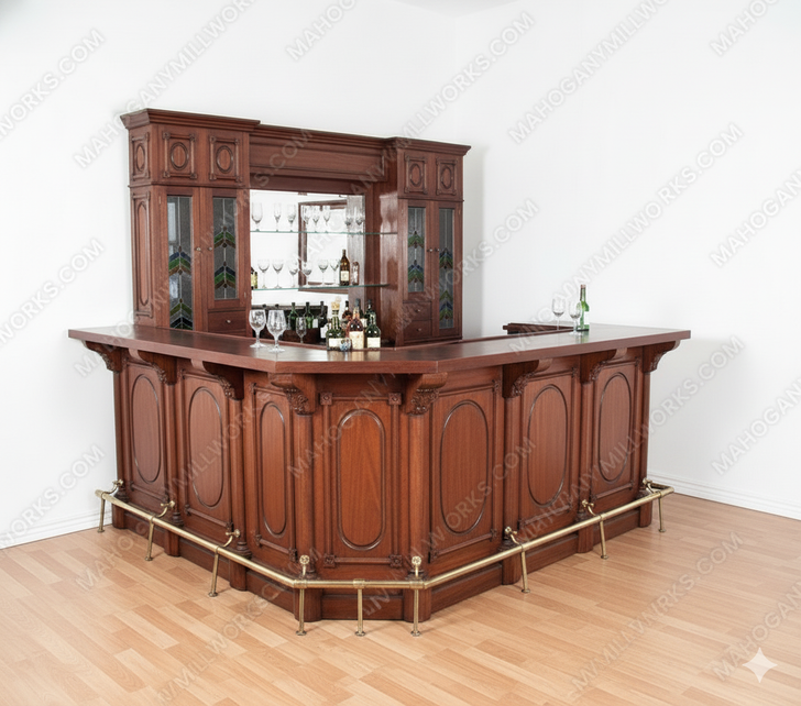 11ft Mahogany Corner Pub Bar w/ Stained Glass