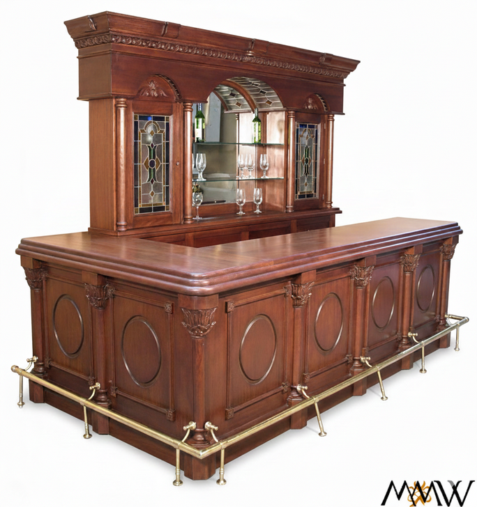 11ft Distressed L-Shape Pub Bar w/ Stained Glass &  Brass Rails