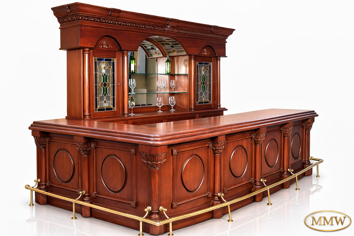 11ft L-Shape Pub Bar w/ Stained Glass &  Brass Rails
