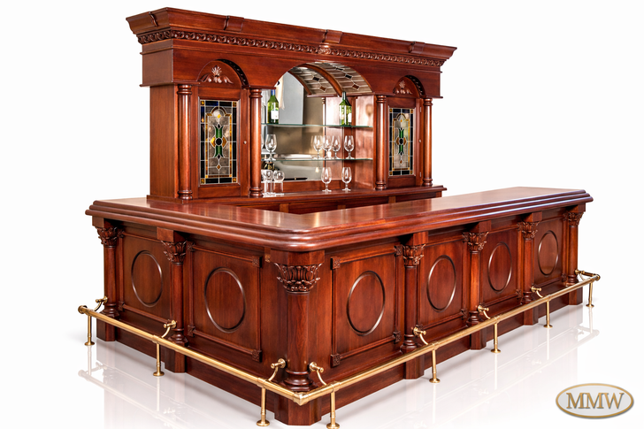11ft L-Shape Pub Bar w/ Stained Glass &  Brass Rails
