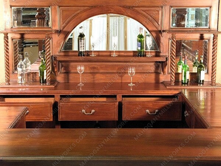 11ft Distressed Carved Canopy Pub Bar Set w/ Stained Glass