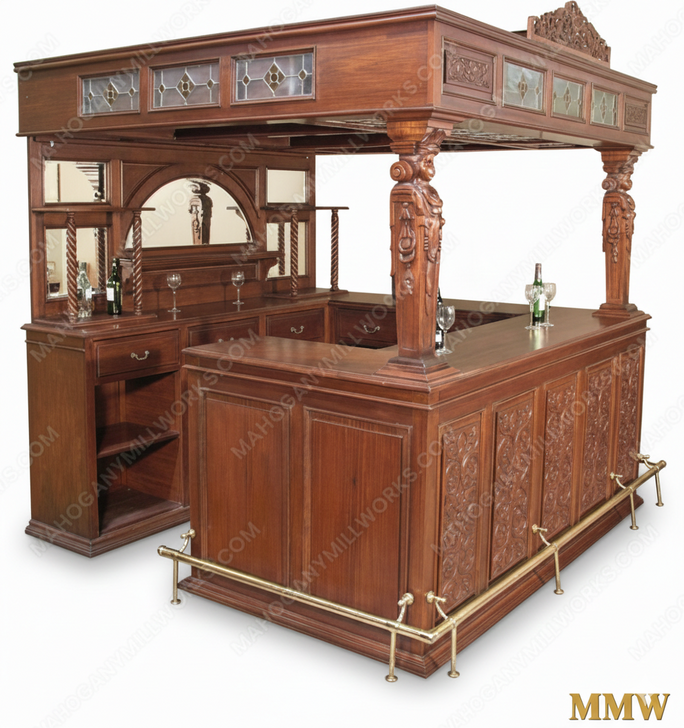 11ft Distressed Carved Canopy Pub Bar Set w/ Stained Glass
