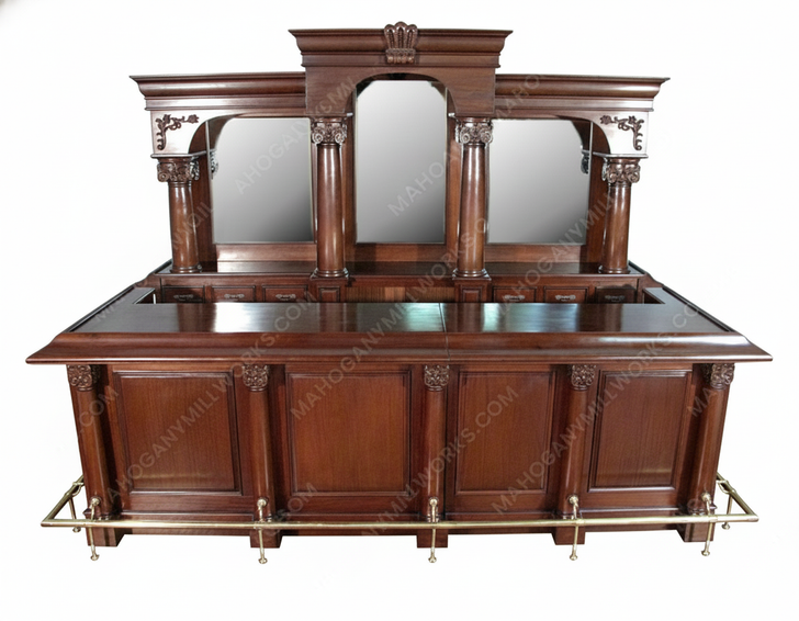 12ft English Mahogany Tavern Pub Bar w/ Marble Top & Deep Bartender Prep Area