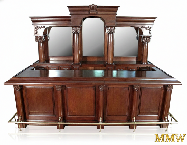 12ft English Mahogany Tavern Pub Bar w/ Marble Top & Deep Bartender Prep Area