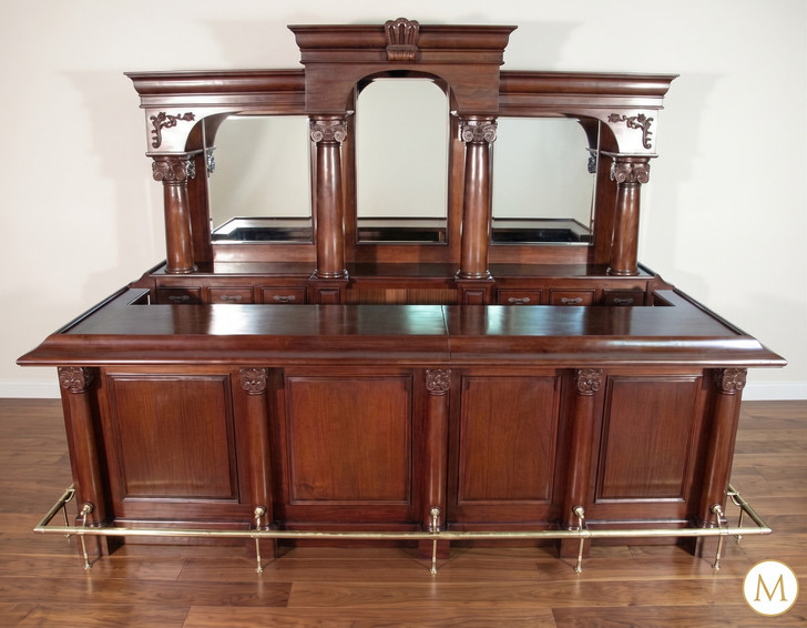 12ft English Mahogany Tavern Pub Bar w/ Marble Top & Deep Bartender Prep Area