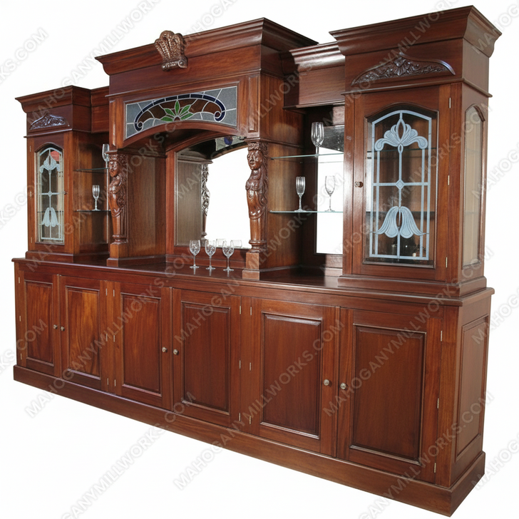 13ft Mahogany Traditional Pub Bar w/ Stained Glass