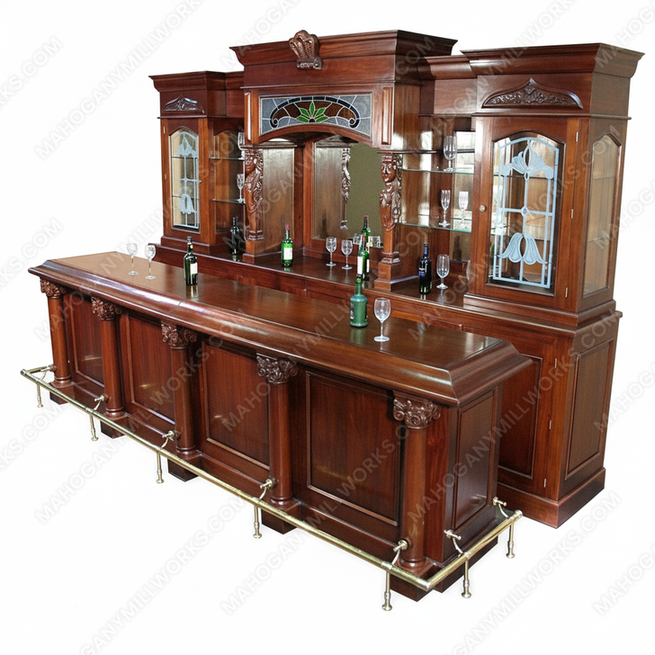 13ft Mahogany Traditional Pub Bar w/ Stained Glass