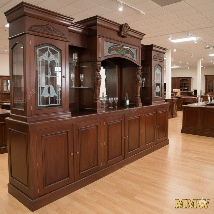13ft Mahogany Traditional Pub Bar w/ Stained Glass