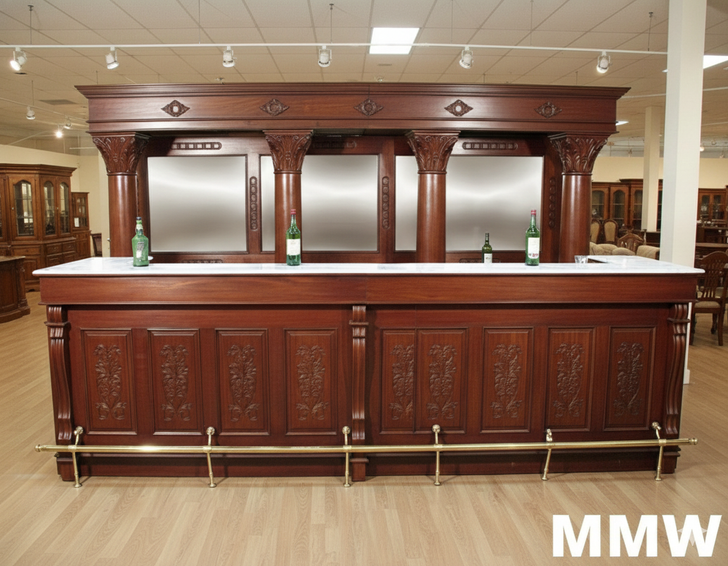 16ft Mahogany Marble top Home Pub Bar w/ Mirrors & Brass Rails
