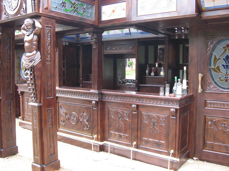 25FT Solid Mahogany Carved Canopy Home Pub Bar w/ Rails & Stained Glass