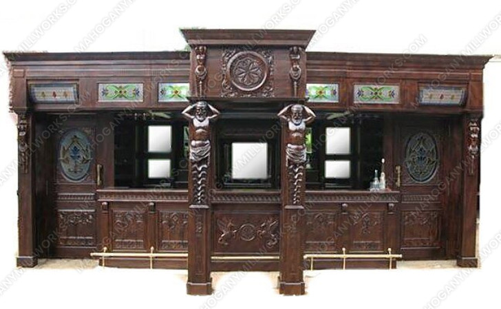 25ft Solid Mahogany Carved Canopy Home Pub Bar w/ Rails & Stained Glass