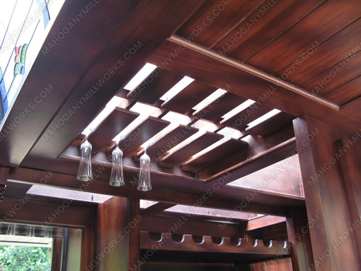 25ft Solid Mahogany Carved Canopy Home Pub Bar w/ Rails & Stained Glass