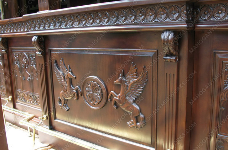 25ft Solid Mahogany Carved Canopy Home Pub Bar w/ Rails & Stained Glass