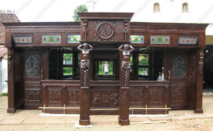 25ft Solid Mahogany Carved Canopy Home Pub Bar w/ Rails & Stained Glass