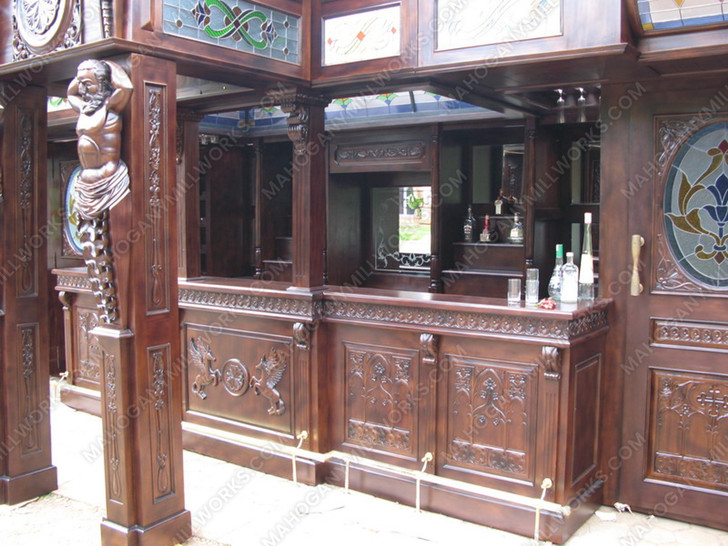 25ft Solid Mahogany Carved Canopy Home Pub Bar w/ Rails & Stained Glass