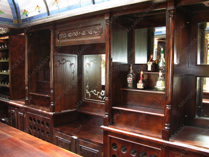 25ft Solid Mahogany Carved Canopy Home Pub Bar w/ Rails & Stained Glass